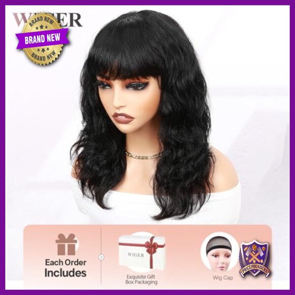 Human Hair Wig with Bangs 16 Inch Medium Length Natural Wave Glueless